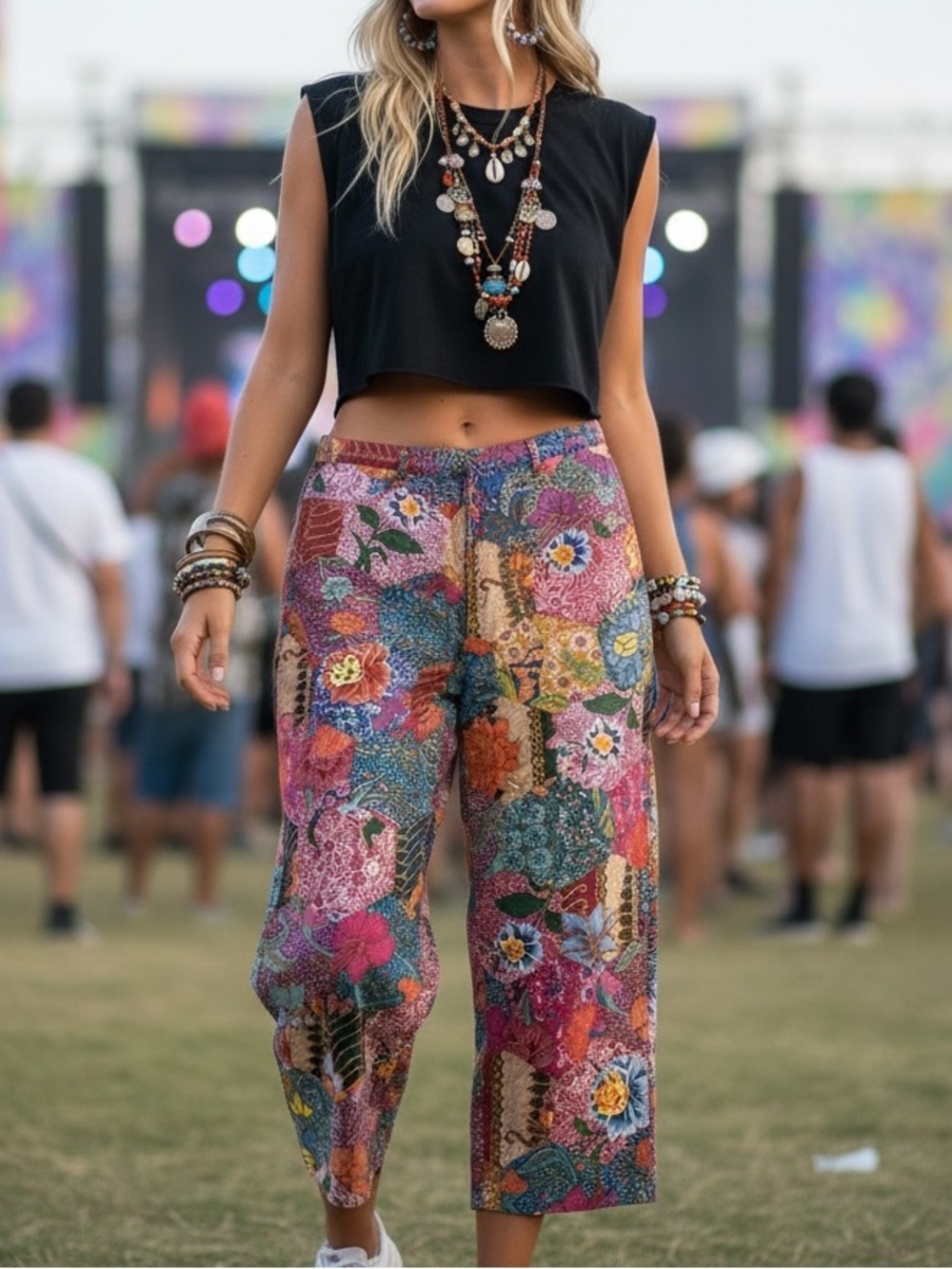 VTG Chico's Design Multicolor Patchwork Cotton Artsy Boho Crop Pants